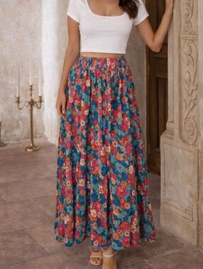 NWOT Natural Life Medium Bohemian Floral Maxi Skirt Teal Multi Pink Orange M